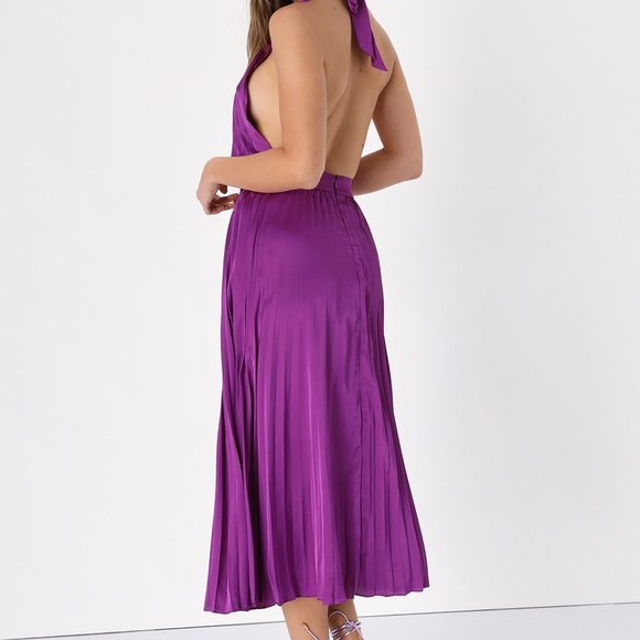 Lulus Totally Charming Purple Satin Pleated Halter Midi Dress Lulu’s Small NWT - Picture 4 of 13